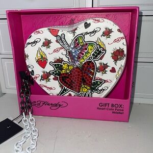 NWT Ed Hardy White Heart Coin Purse with Colorful Design
